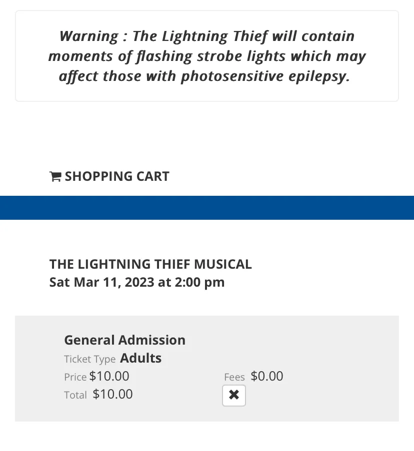A receipt for a musical theatre performance containing a warning about the flashing strobe lights that are used during the show.