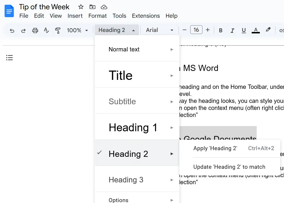 A screenshot of changing a heading in Google Docs.